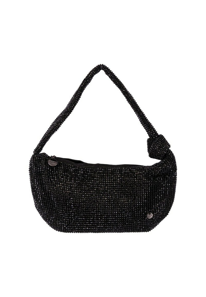 Borsa a tracolla nera con perline, dal design curvo, con una superficie tessurizzata e una tracolla annodata. Presenta una chiusura a zip e un piccolo accento metallico.