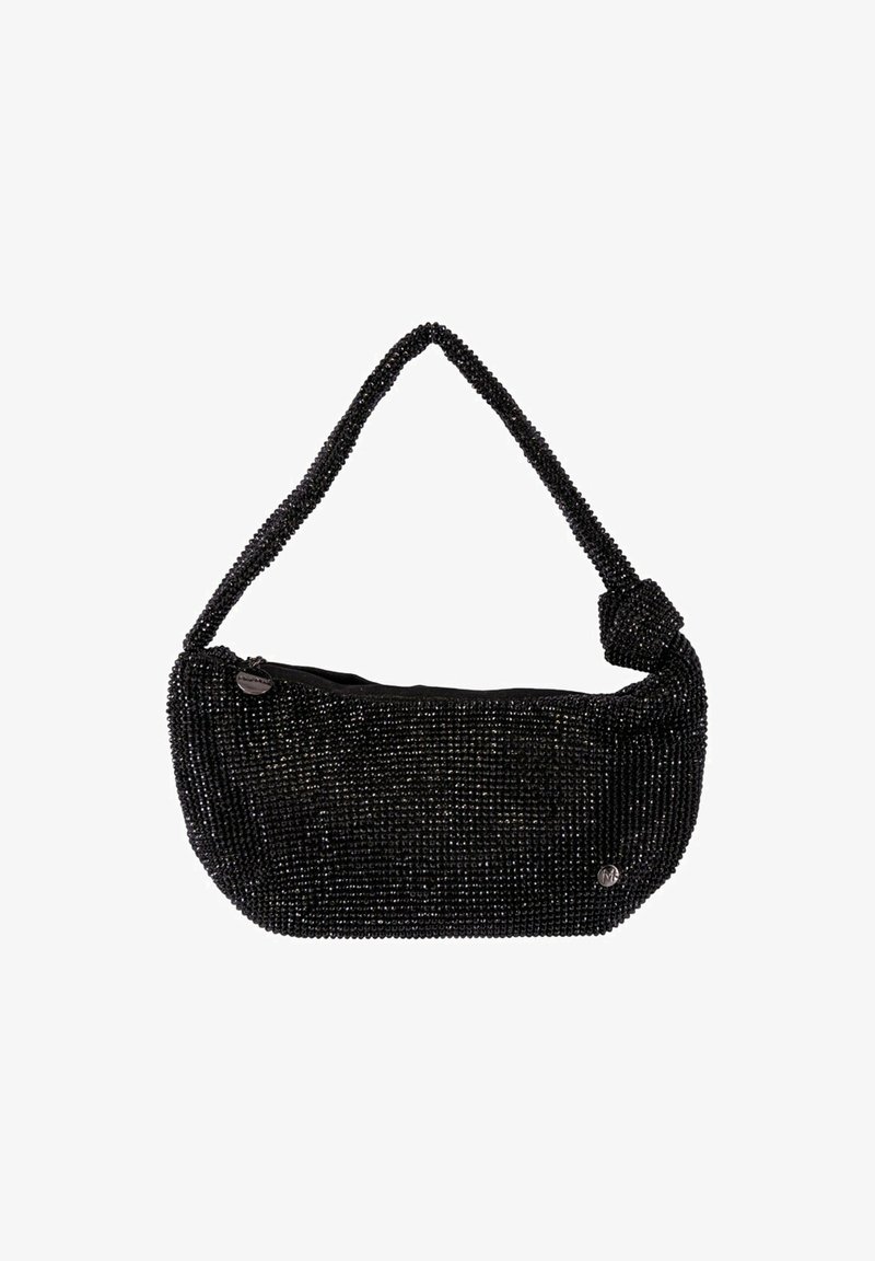 Borsa a tracolla nera con perline, dal design curvo, con una superficie tessurizzata e una tracolla annodata. Presenta una chiusura a zip e un piccolo accento metallico.