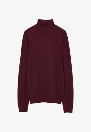 Burgunderfarbener Rollkragenpullover aus weichem Material, mit einem taillierten hohen Kragen und langen Ärmeln, in einem schlichten, nahtlosen Design.