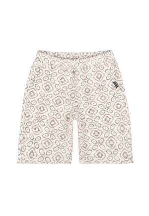 Pantalones cortos con estampado hechos de tela texturizada, con un diseño de diamantes y círculos en beige, gris y rosa apagado, con una cintura elástica.