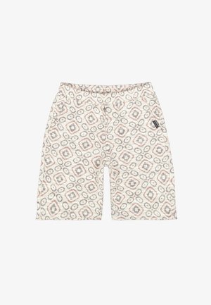 Pantalones cortos con estampado hechos de tela texturizada, con un diseño de diamantes y círculos en beige, gris y rosa apagado, con una cintura elástica.