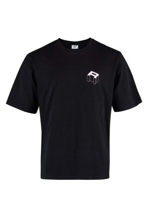 Black short-sleeve T-shirt with a small, white, 3D-style letter "R" logo on the upper left chest.