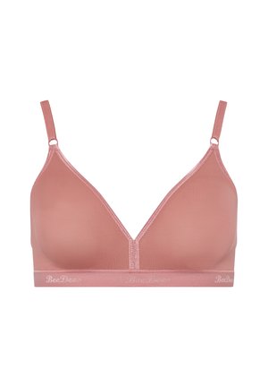Rosa-pinkfarbene kabellose Bralette mit glatter, strukturierter Oberfläche, dreieckigen Körbchen, verstellbaren Trägern und einem breiteren Band mit Logo-Detail.