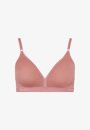 Rosa-pinkfarbene kabellose Bralette mit glatter, strukturierter Oberfläche, dreieckigen Körbchen, verstellbaren Trägern und einem breiteren Band mit Logo-Detail.