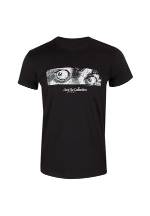 Černé bavlněné tričko se grafickým motivem širokých očí a textem „Junji Ito Collection“ v červené barvě, umístěným uprostřed pod designem.
