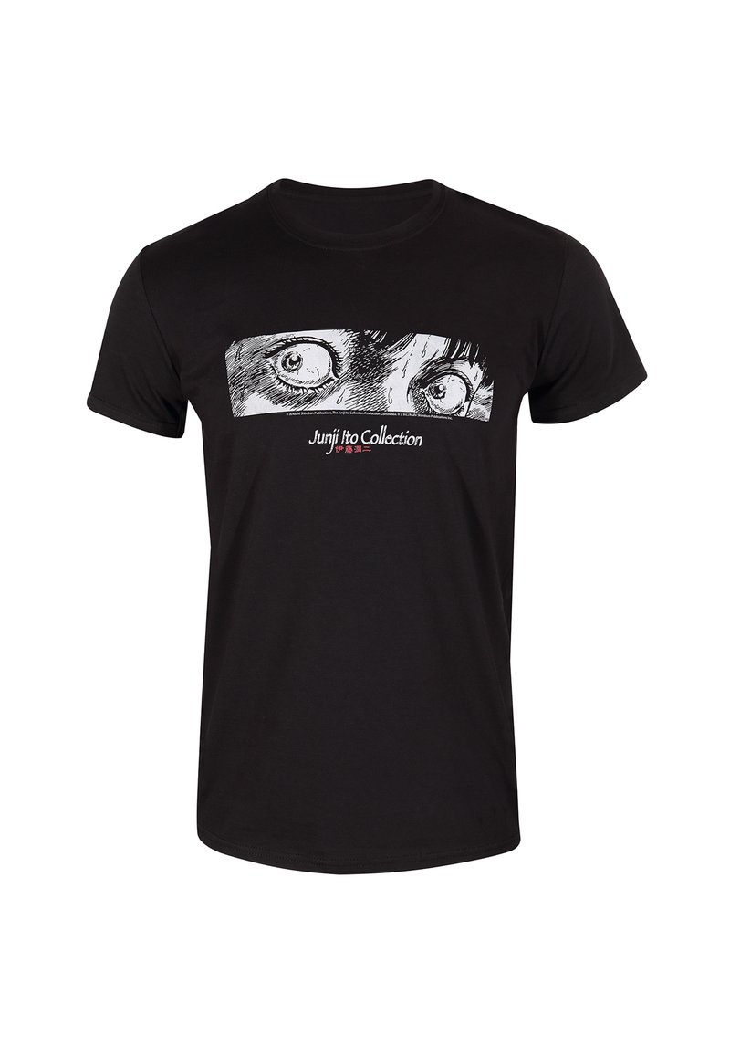 Zwarte katoenen t-shirt met een graphic van wijd open ogen en de tekst "Junji Ito Collection" in het rood, gecentreerd onder het ontwerp.