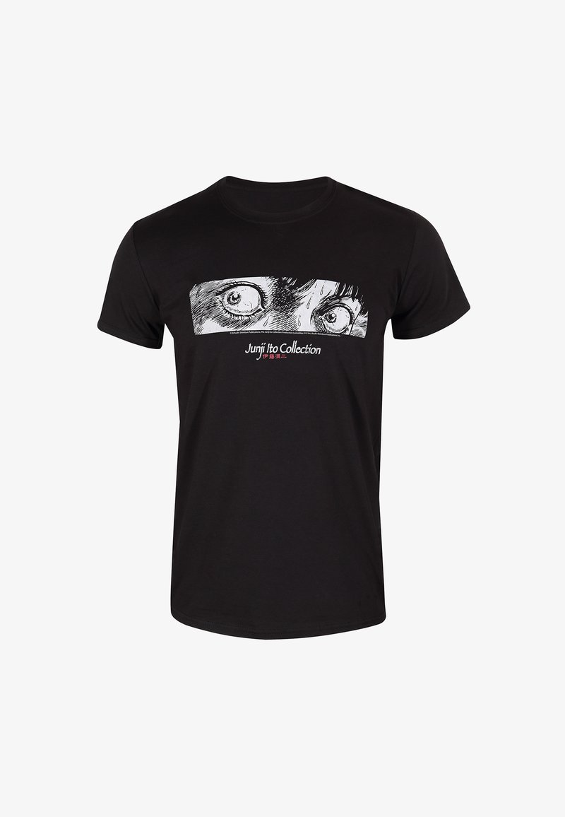 Schwarzes Baumwoll-T-Shirt mit einem Grafikdesign von großen Augen und dem Text „Junji Ito Collection“ in Rot, zentriert unter dem Design.