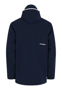 Marineblaue Kapuzenjacke mit weißem Logo auf der rechten Rückseite und weißem Besatz entlang der Kante der Kapuze.