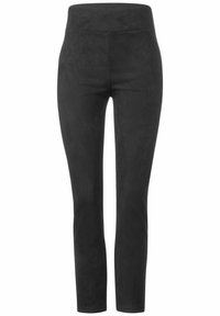 Black, stretchy leggings with a smooth, suede-like texture and a high waistband. Designed for comfort and flexibility. No visible hardware or patterns.