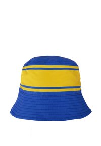 Blauwe en gele emmerhoed van zacht stof, met horizontale strepen en een brede rand met textuurdetails.