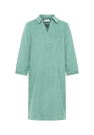 Mintgroene ribfluwelen jurk met driekwart mouwen, kraag en V-hals, knielang en losse pasvorm.