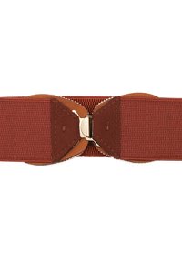 Cintura elastica marrone con fibbia in pelle marrone contrastante e hardware metallico, superficie liscia e dettagli cuciti alle estremità.