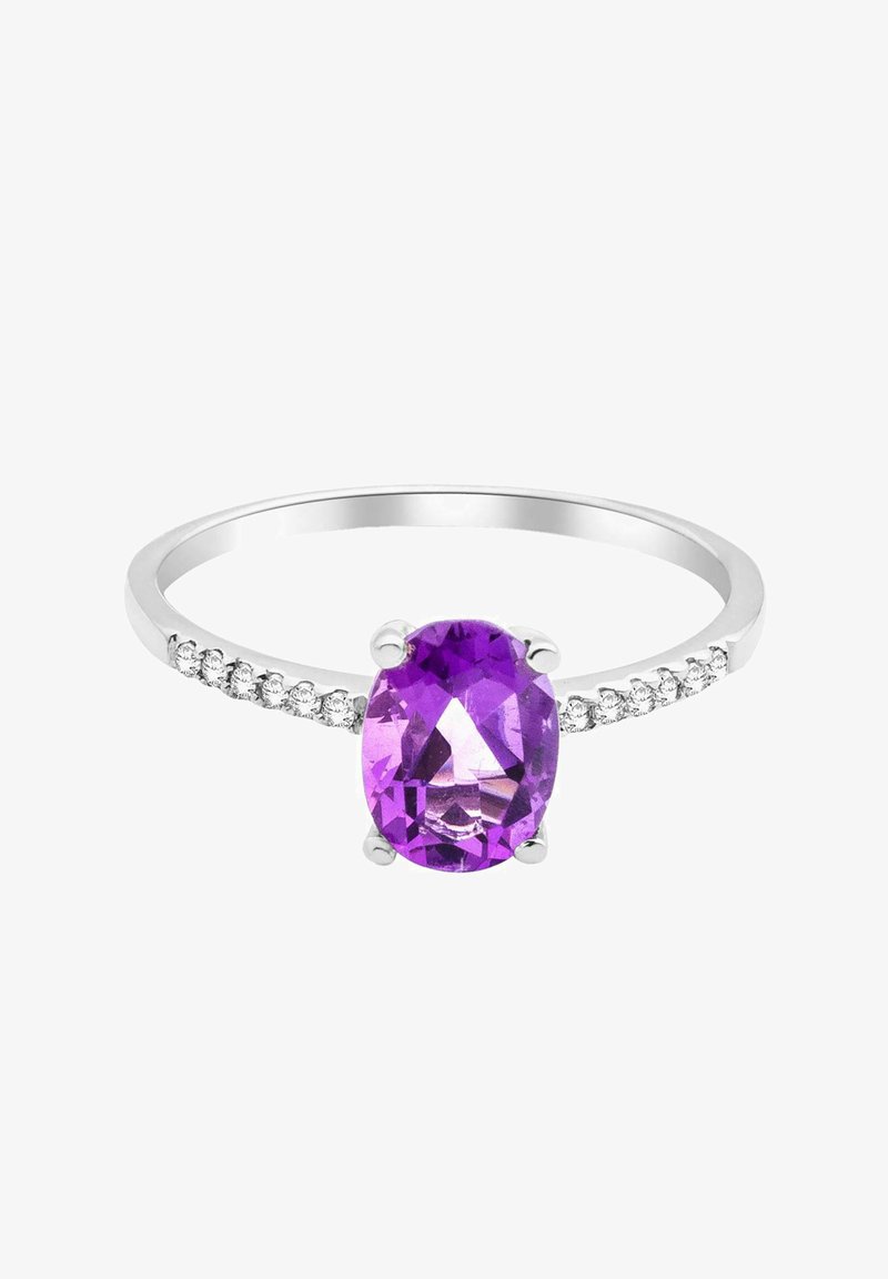 Sterling silver ring with an oval purple gemstone center, accented by small clear stones along the band. Smooth, polished finish.