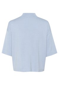 Light blue, short-sleeve knit top with a polo collar. Soft texture, relaxed fit, and clean edges. Minimalist design without patterns or accents.