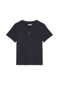 Marinblå bomull t-shirt med korta ärmar och rund halsringning. Har en liten ljusblå "MOP"-logotyp centrerad på framsidan.