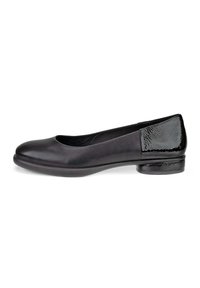 Black leather ballet flat with a smooth finish, rounded toe, low glossy heel, and textured black accents at the back.