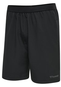 Zwarte sportshorts gemaakt van lichtgewicht, rekbaar materiaal, met een elastische tailleband en een klein logo aan de onderkant aan de linkerkant.
