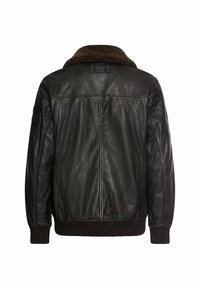 Schwarze Lederjacke mit einem weichen braunen Fleece-Kragen, gerippten Bündchen und Saum, ausgestattet mit einer glatten Textur und einem schlichten Rückendesign.