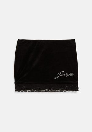 Black velvet miniskirt featuring a lace hem and rhinestone-embellished brand logo on the front. Smooth texture with a fitted design.