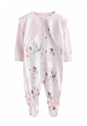 Pink floral baby romper with long sleeves, ruffle shoulder details, snap buttons down the front, and small bows on the feet.