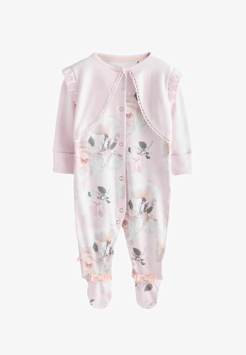 Tutina per neonata rosa a fiori con maniche lunghe, dettagli arricciati sulle spalle, bottoni a pressione sul davanti e piccoli fiocchi sui piedi.