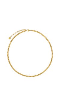 Collana in oro con design a torsione e chiusura regolabile, caratterizzata da un piccolo dettaglio circolare. Texture liscia con una finitura lucida.