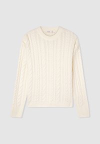 Sweter w kolorze kremowym, wykonany z dzianiny, z wzorem w warkocze, okrągłym dekoltem i długimi rękawami. Miękka tekstura, ściągacze przy mankietach i dolnej krawędzi.