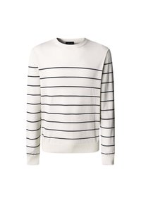 Suéter blanco de tela suave, con rayas horizontales en color azul marino, cuello redondo y puños y dobladillo de canalé. Diseño simple y limpio.