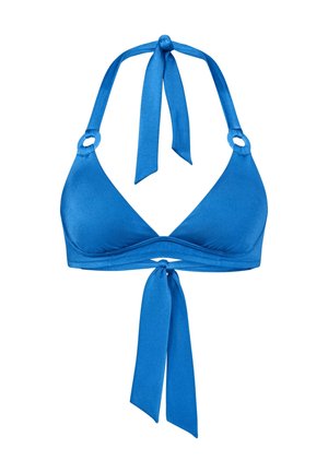 Blaues Bikini-Top mit dreieckigen Cups, Halterneck-Bindungen und einer vorderen Bindungsdetail. Verfügt über runde Beschläge am Hals. Glatte Textur.
