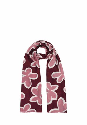 Maroon scarf featuring large, pale pink floral patterns with white outlines. Lightweight fabric with a fringed edge. Flat lay presentation.