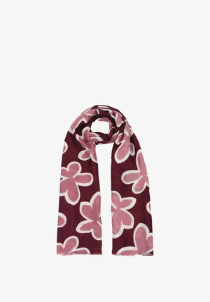 Maroon scarf featuring large, pale pink floral patterns with white outlines. Lightweight fabric with a fringed edge. Flat lay presentation.