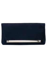 Tmavě modré semišové psaníčko s kovovým stříbrným horizont�álním zdobením. Má přehýbací klopnu a čisté linie, což dodává elegantní a moderní vzhled.