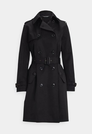 Black trench coat made of a smooth fabric, featuring double-breasted buttons, a belted waist, and two side pockets.