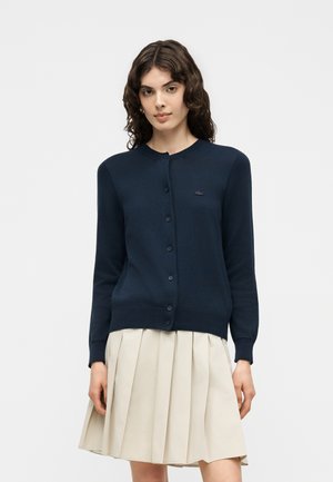 Frau mit lockigem Haar, die eine marineblaue, geknöpfte Strickjacke und einen beigen plissierten Rock trägt, steht vor einem schlichten hellen Hintergrund.