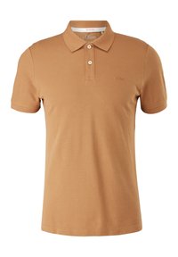 Polo homme manches courtes couleur marron camel, avec deux boutons et col, design simple avec un logo de marque discret sur la poitrine.