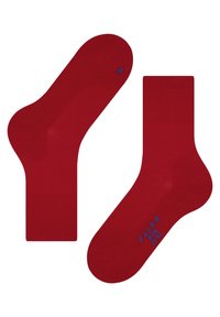 Pair of bright red ankle socks with blue text "FALKE RUN 39-41" on the sole and a blue "R" on the right sock toe.