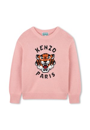 Pull en tricot rose avec un motif de tigre noir et orange, arborant le texte "KENZO PARIS" en lettres noires épaisses. Manches et ourlet côtelés.