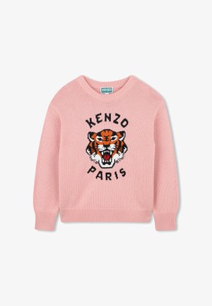 Roze gebreide trui met een zwart en oranje tijgerontwerp en de tekst "KENZO PARIS" in een vetgedrukt zwart lettertype. Geribde boorden en zoom.