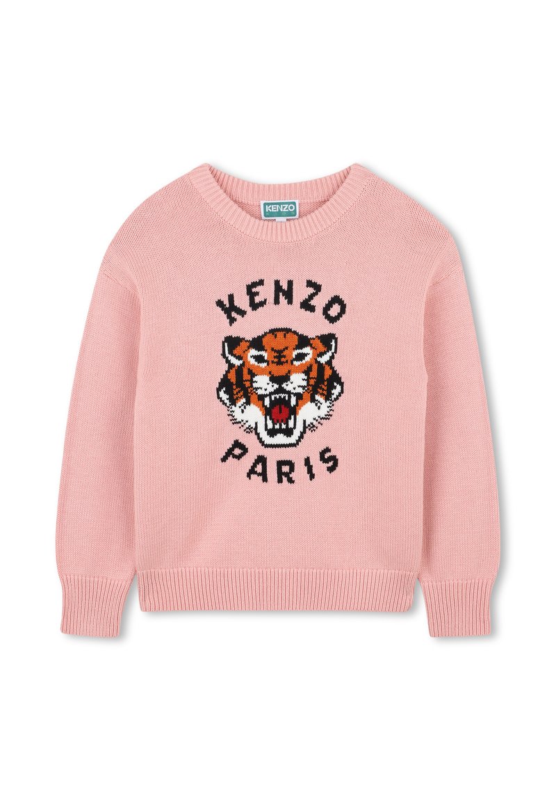Różowy sweter z dzianiny z czarno-pomarańczowym wzorem tygrysa oraz napisem "KENZO PARIS" w wyraźnej czarnej czcionce. Żebrowane mankiety i dół.