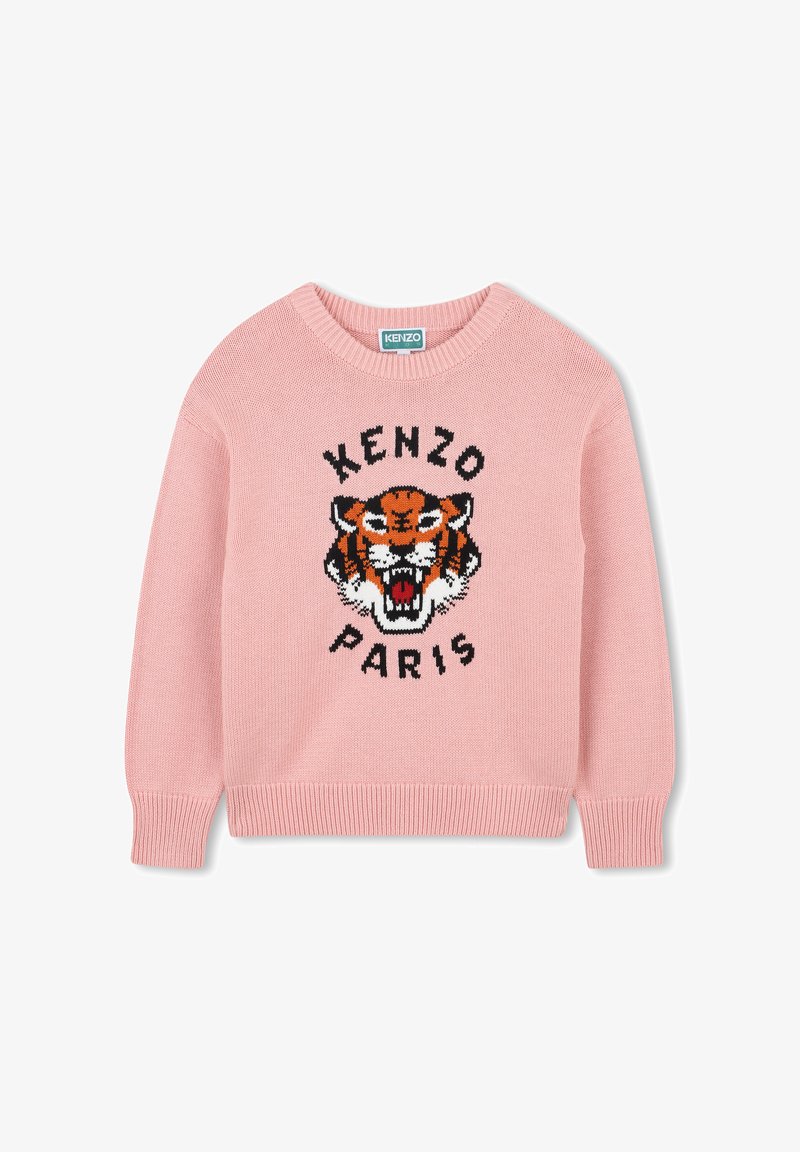 Różowy sweter z dzianiny z czarno-pomarańczowym wzorem tygrysa oraz napisem "KENZO PARIS" w wyraźnej czarnej czcionce. Żebrowane mankiety i dół.