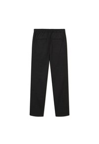 Pantalons noirs à coupe droite, avec taille élastique et deux poches arrière. Présentent une texture lisse et un design minimaliste.