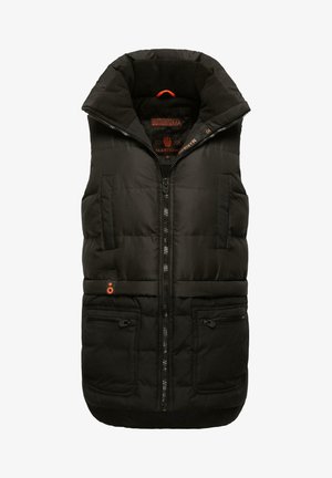 Gilet nero imbottito con colletto alto, zip frontale e due tasche con zip. Presenta dettagli arancioni e un motivo trapuntato su tutta la superficie.