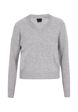 Helehall, pika varrukaga kudumiklehte V-kaelusega, soonikservade ja -vööga.