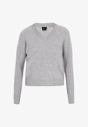 Helehall, pika varrukaga kudumiklehte V-kaelusega, soonikservade ja -vööga.