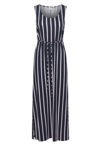 Mekko, jossa on tummansininen väri, ilman hihoja, pystysuorat valkoiset ja vaaleanpunaiset raidat, tiukka vyötärö nauhalla, sekä sivureunoilla halkioita helman liikkumisen helpottamiseksi.