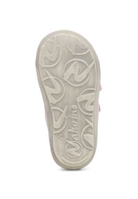 Children's shoe with a textured light pink upper, white rubber sole, and playful circular tread pattern. Branding visible on the bottom.