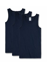 Tre canotte in cotone blu navy con scollo rotondo e spalline larghe, caratterizzate da una texture liscia e senza motivi o dettagli visibili.