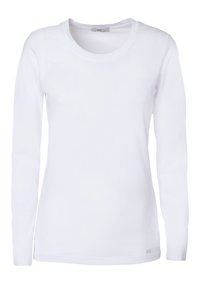 Langärmliges weißes T-Shirt aus Baumwolle. Verfügt über einen runden Ausschnitt und ein minimalistisch gehaltenes Design, mit einem kleinen Logo nahe dem Saum.