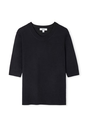 Maglione nero a maniche corte in maglia con scollo rotondo e polsini a costine, etichetta con marca "Ipekyol" e dettagli sulla taglia.