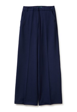 Granatowe spodnie o szerokich nogawkach z szlufkami na pasek, bocznymi kieszeniami i zamkiem błyskawicznym z przodu.